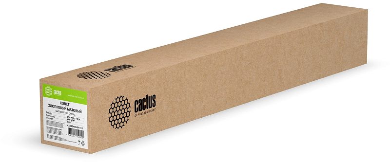 Фото-1 Рулон холста Cactus MC400-91415: картонная коробка с логотипом Cactus, вид сбоку под углом, наклейка на торце; на белом фоне, для идентификации товара по упаковке.