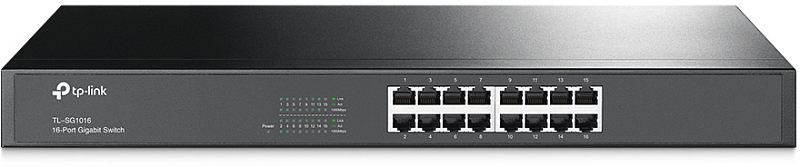 Фото-1 Коммутатор TP-Link TL-SG1016, вид спереди. На фото показаны 16 Ethernet-портов в два ряда, блок световых индикаторов слева и маркировка модели TL-SG1016 на панели. Чёрный металлический корпус 1U помогает оценить фронтальную конфигурацию для страницы товара.