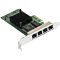 Фото-1 Сетевая карта PCIe ExeGate EXE-i350 T4v2, вид под углом: четыре порта RJ45 на серебристой планке, зелёная плата и чёрный ребристый радиатор