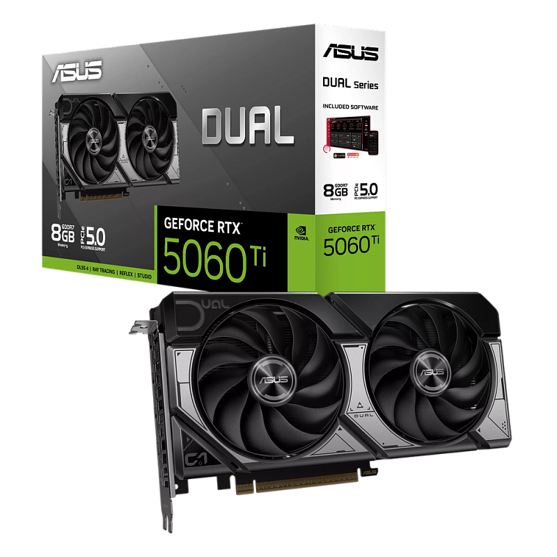 Фото-1 Видеокарта ASUS GeForce RTX 5060 Ti Dual 8GB, общий вид с упаковкой спереди; на фото коробка ASUS Dual и сама карта, видны два вентилятора, чёрно-серебристый кожух и металлическая монтажная планка; изображение показывает внешний вид модели и упаковку для карточки видеокарты.