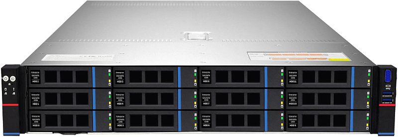 Фото-1 Сервер iRU g2212ig4 12x3.5 Rack 2U, вид спереди; чёрная передняя панель с 12 дисковыми отсеками в три ряда, индикаторами слева и блоком USB/VGA справа, изображение показывает фронтальную конфигурацию сервера.