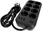 Фото-3 Сетевой фильтр Powercom SP-08 USB03AB, чёрный, общий вид под углом; показаны восемь розеток, три USB-разъёма, кнопка питания, кабельный ввод в торец и чёрная евровилка рядом; изображение важно для страницы товара, так как показывает форму корпуса и комплект с кабелем.