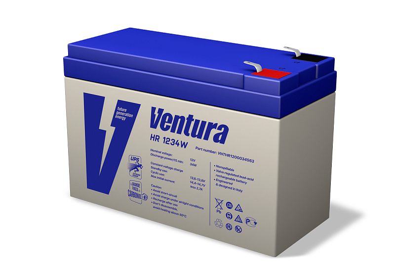 Фото-1 Аккумулятор для ИБП Ventura HR 1234W, вид под углом; серый корпус с синей крышкой, сверху плоские клеммы с цветовой маркировкой, на боку надпись Ventura HR 1234W; фото на белом фоне, помогает сверить модель и полярность.