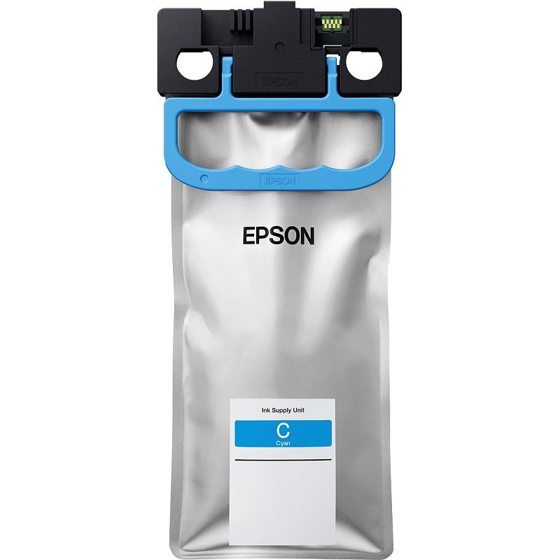 Фото-1 Струйный картридж Epson T01D2, фронтальный вид на пакет-картридж; серебристый мягкий пакет с чёрной верхней рамкой, голубой пластиковой ручкой, контактной площадкой и белой этикеткой C Cyan. Важно для страницы товара, чтобы показать форм-фактор пакета и цветовую маркировку.