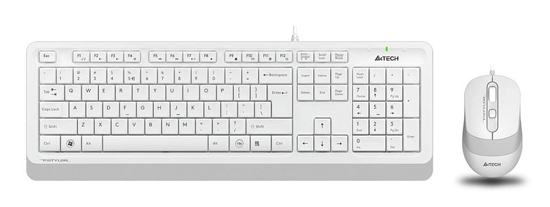 Фото-1 Комплект клавиатуры и мыши A4Tech F1010 (Fstyler), вид сверху: белая полноразмерная клавиатура с цифровым блоком и белая проводная мышь справа, серые боковые вставки у мыши и зелёный индикатор на клавиатуре, на белом фоне для понимания состава комплекта на странице товара.