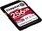 Фото-2 Карта памяти SDXC Kingston Canvas React Plus SDR2V6/256GB — диагональный ракурс SD-карты; видна лицевая наклейка «256GB», обозначения UHS-II/V60 и «280 MB/s», сбоку заметен оранжевый переключатель защиты от записи; чёрный корпус на белом фоне, помогает распознать модель и элементы SD-карты при выборе на странице товара.