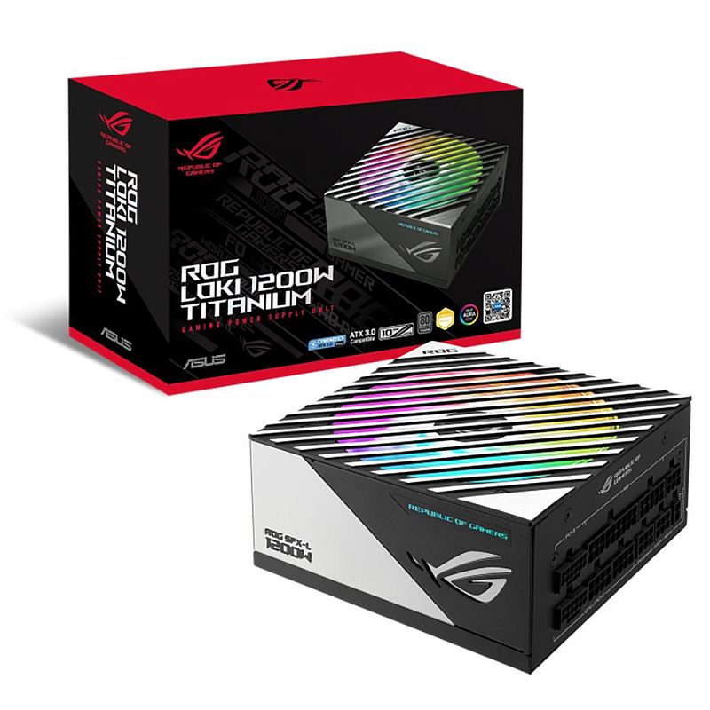 Фото-1 Блок питания для ПК ASUS ROG Loki 1200W, комплект с упаковкой: красно-чёрная коробка и сам блок питания SFX-L чёрно-серебристого цвета, сверху вентилятор с RGB-подсветкой и спереди модульные разъёмы, для страницы о компьютерном блоке питания.