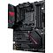 Фото-3 Материнская плата ASUS ROG Strix B550-F Gaming ATX, вид сверху на плату без упаковки; показаны процессорный сокет AMD AM4, четыре слота памяти, радиаторы чипсета и M.2, слоты PCIe и чёрная печатная плата с розовыми акцентами для страницы товара.