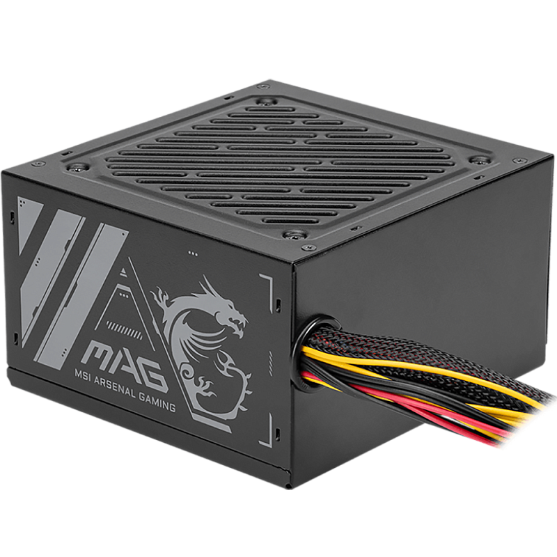 Фото-1 Блок питания для ПК MSI MAG A500N, вид спереди и сбоку под углом; чёрный корпус с верхней штампованной решёткой, боковой графикой MAG и пучком несъёмных кабелей в оплётке; фото показывает конструкцию корпуса и тип кабельного вывода для карточки товара.