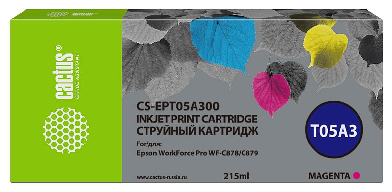 Фото-1 Струйный картридж Cactus CS-EPT05A300, Epson T05A3, вид спереди на упаковку; длинная коробка с серой фронтальной панелью, зелёной боковиной, маркировкой T05A3 и объёмом 215 мл, пурпурный цвет указан внизу справа; изображение помогает определить модель и цвет расходника в карточке товара.