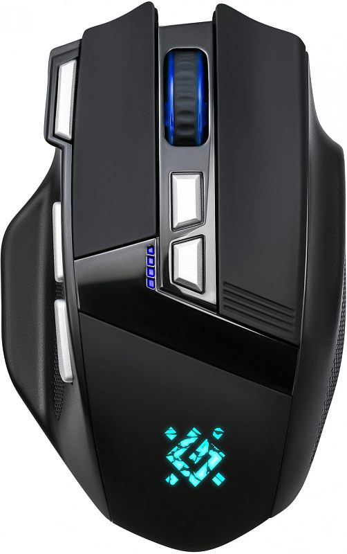 Фото-1 Игровая мышь Defender Knight GM-885, чёрная, вид сверху; показаны колесо прокрутки с синей подсветкой, две верхние кнопки, боковые кнопки слева и светящийся логотип на спинке; изображение для страницы товара показывает верхнюю компоновку органов управления.