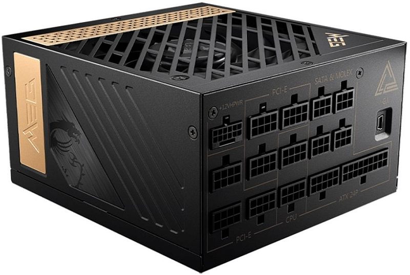 Фото-1 Блок питания для ПК MSI MAG Ai1300P PCIE5, вид под углом на модульную сторону: верхняя и боковая панели с декоративной решёткой, спереди несколько рядов модульных разъёмов; чёрный корпус с золотистыми вставками на светлом фоне для общего вида товара.