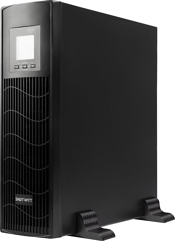 Фото-1 ИБП SmartWatt Data 2000, вид спереди под углом в вертикальной установке: чёрный корпус tower с опорами, передняя вентиляционная решётка и экран с кнопками в верхней части панели. Нужен для карточки товара, чтобы показать форм-фактор и расположение элементов управления на лицевой стороне.