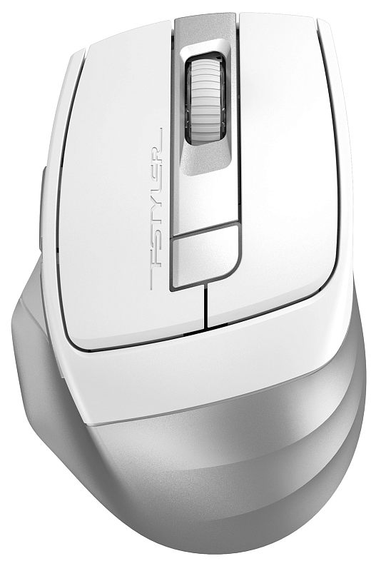 Фото-1 Беспроводная мышь A4Tech Fstyler FB35C Icy White, вид сверху под углом; на фото корпус белого цвета с серебристой центральной вставкой, колесо прокрутки и разделённые основные кнопки; изображение показывает форму корпуса и расположение органов управления для страницы товара.