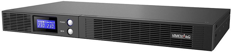 Фото-1 ИБП Импульс Slim 1000VA rack 1U SL10201, вид спереди. На изображении чёрный стоечный корпус 1U с подсвеченным дисплеем, двумя кнопками управления и фронтальной решёткой. Для карточки товара это важно, так как показывает переднюю панель и стоечное исполнение модели.