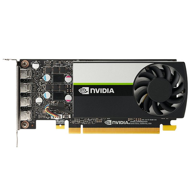Фото-1 Видеокарта NVIDIA Quadro T1000 8 ГБ, фронтальный вид на компактную низкопрофильную карту; видны один чёрный вентилятор в кожухе, чёрная плата с открытыми компонентами и четыре mini DisplayPort на интерфейсной планке, для страницы товара с показом форм-фактора и рабочих видеовыходов.