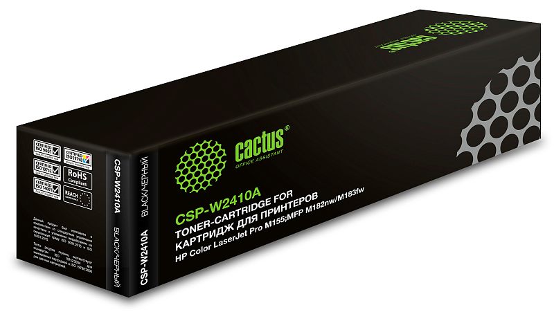Фото-1 Тонер-картридж Cactus CSP-W2410A, чёрный, коробка в ракурсе спереди-слева. На фото длинная чёрная упаковка с зелёным логотипом, серым узором и маркировкой BLACK/ЧЁРНЫЙ на боковой панели. Изображение показывает упаковку и код модели W2410A, что важно для страницы товара.