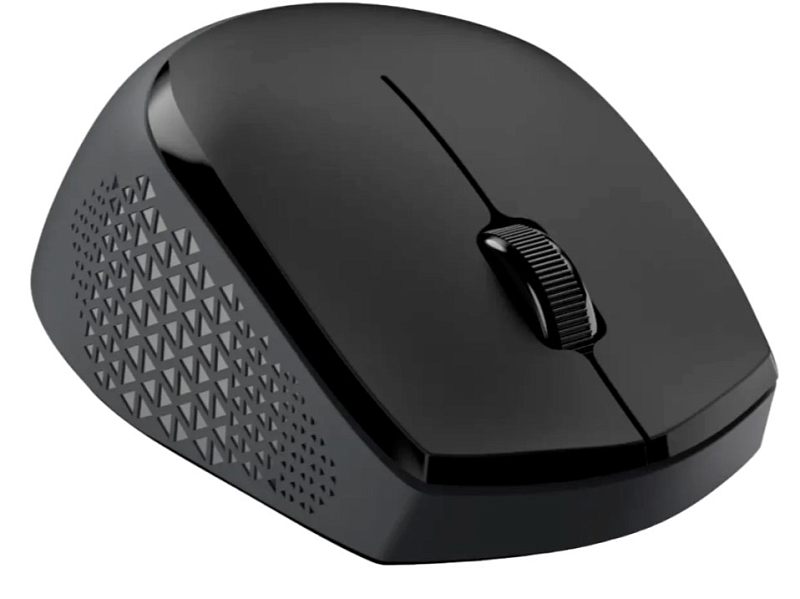 Фото-1 Беспроводная мышь Genius NX-8000S, вид спереди сверху под углом на белом фоне; чёрный корпус с симметричной формой, рифлёное колесо прокрутки и боковины с треугольной текстурой; изображение для карточки товара, чтобы показать форму корпуса и основные элементы управления модели.