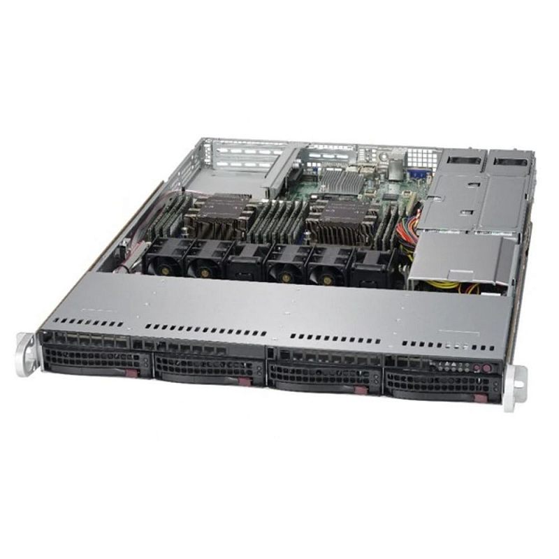 Фото-1 Серверная платформа Supermicro SuperServer 6019P-WTR, вид спереди сверху с открытой крышкой: ряд фронтальных корзин горячей замены, за ними несколько вентиляторов, внутри видны радиаторы и слоты памяти на плате; металлический корпус серого цвета на белом фоне, показывает внутреннюю компоновку для обслуживания и установки в стойку.