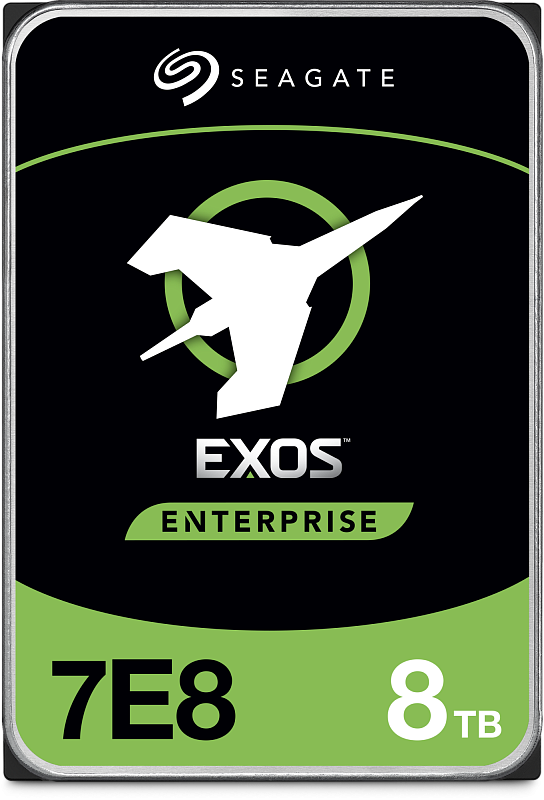 Фото-1 Жёсткий диск Seagate Exos 7E8 ST8000NM0075, фронтальная иллюстрация этикетки; чёрно‑зелёный дизайн с логотипом Seagate и отметкой 8TB; используется для визуальной идентификации линейки на странице товара.