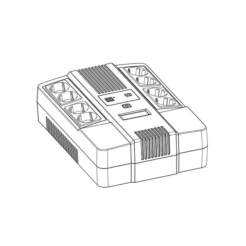 Фото-1 ИБП Powerman Brick 850 VA Brick, схематичное изображение корпуса; показаны восемь верхних розеток, центральная панель с кнопкой и индикаторами, продольные вентиляционные рёбра и низкий прямоугольный форм-фактор; чёрно-белый линейный рисунок на светлом фоне, важно для страницы как схема конструкции устройства.