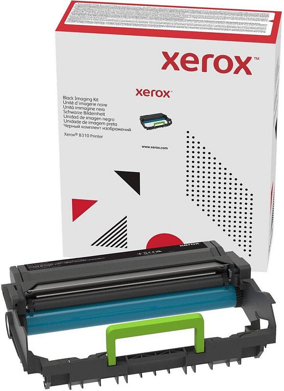 Фото-1 Барабан Xerox 013R00690, вид комплекта спереди; перед коробкой Xerox расположен сам барабанный модуль с голубым фотобарабаном, зелёной ручкой и чёрным каркасом; изображение важно для страницы товара, так как показывает комплект поставки и конструкцию узла.