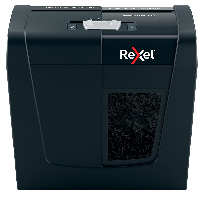 Фото-1 Уничтожитель бумаги Rexel Secure X6, фронтальный вид на белом фоне: тёмно-серый корпус, сверху слот подачи и серебристый переключатель, на передней панели логотип Rexel и окно корзины с нарезанной бумагой; важно для понимания расположения слота и элементов управления на странице товара.