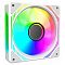 Фото-1 Корпусный вентилятор Alseye Mirror W-R AS_04_06_0125 120 мм 4-pin, вид спереди под углом: белая рамка, разноцветная подсветка лопастей, боковая световая вставка и прорези по краям; полезно для выбора по внешнему виду при установке в корпус ПК.