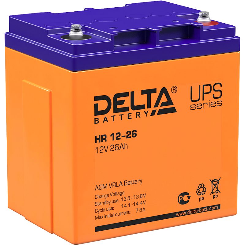 Фото-1 Батарея для ИБП Delta Battery HR 12-26: вид под углом; оранжевый корпус и синяя крышка, маркировка HR 12-26 (12V 26Ah) и UPS series на лицевой стороне, сверху клеммы под болт с гайками, одна клемма с красной прокладкой. На белом фоне для понимания типа клемм и внешнего вида батареи на странице товара.