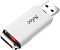 Фото-5 USB-накопитель Netac U185 64 ГБ, вид под углом с выдвинутым USB‑A: белый корпус, разъём USB‑A справа и тёмно‑серый полупрозрачный торец с металлическим кольцом и видимой красной внутренней вставкой; на белом фоне, чтобы показать торцевую конструкцию и разъём.