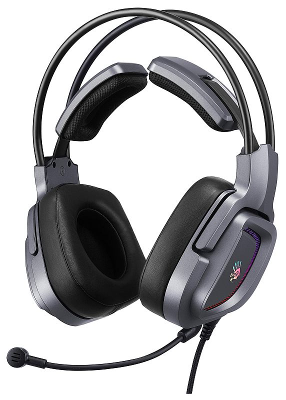Фото-1 Наушники с микрофоном A4Tech Bloody G575 USB Grey, общий вид спереди слева; гарнитура серого цвета с двойным оголовьем, чёрными амбушюрами из гладкого материала, поворотным микрофоном и RGB-полосой на чашке, на светлом фоне; фото важно для визуальной идентификации модели и её цветового исполнения.