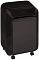 Фото-3 Шредер бумаги Fellowes Powershred LX210, вид спереди под углом: верхняя щель подачи и пиктограммы, передняя панель контейнера без окна, чёрный корпус с колёсиками.