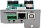 Фото-2 Карта сетевого управления Штиль IC‑SNMP Web, фронтальный вид: клеммная колодка RS‑485, разъём RJ‑45 Ethernet и разъём USB‑B на серой панели, под ними пиктограммы; серый/зелёный на белом фоне; важно для понимания точек подключения на лицевой стороне.