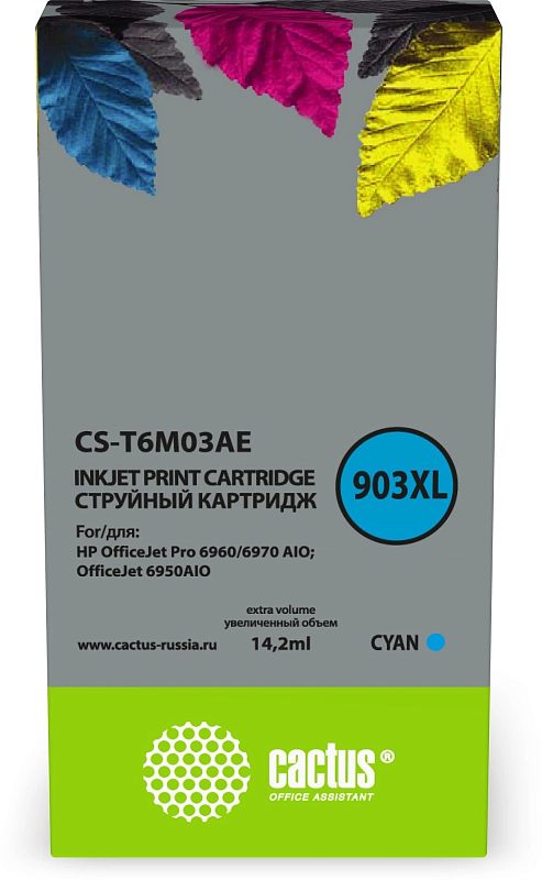 Фото-1 Струйный картридж Cactus CS-T6M03AE, HP 903XL, вид спереди на упаковку; высокая коробка с серой лицевой частью, зелёной нижней полосой, маркировкой 903XL и объёмом 14,2 мл, голубой цвет обозначен на панели; изображение помогает распознать нужную цветовую версию картриджа в карточке товара.