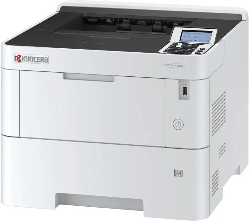 Фото-1 Лазерный принтер Kyocera ECOSYS PA4500x, вид спереди‑справа на белом фоне; белый корпус с тёмно‑серой верхней панелью, ЖК‑экран и клавиатура управления справа сверху, фронтальный USB‑порт и круглая кнопка питания; показывает расположение панели управления и портов на странице товара.