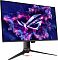Фото-3 Монитор ASUS PG32UCDM3, вид спереди слева под углом; тонкие рамки, экран с графикой ROG и трёхлучевая подставка с центральной стойкой; ракурс помогает оценить форму панели и основания.