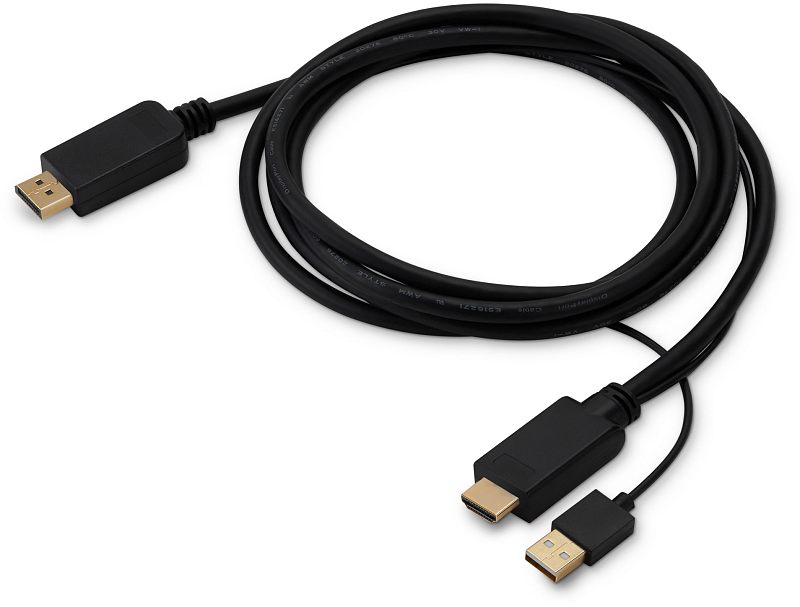 Фото-1 Видеокабель Buro HDMI–DisplayPort с USB-A, 2 м, общий вид кабеля на белом фоне; показаны штекер DisplayPort, штекер HDMI и отдельный USB-A для дополнительного питания, чёрная оболочка и прямоугольные корпуса; фото важно для страницы товара, потому что показывает состав разъёмов и схему подключения.