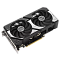Фото-4 Видеокарта ASUS GeForce RTX 5060 Ti Dual 8GB, вид сверху под углом; показаны два вентилятора, верхняя часть кожуха, открытый участок печатной платы и часть боковой надписи ASUS, цвет корпуса чёрный с серебристыми вставками; фото помогает оценить форму корпуса и расположение элементов на странице товара.