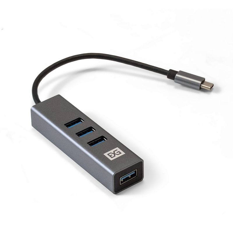 Фото-1 USB Type-C хаб ExeGate DUB-4TC (EX293987RUS), вид под углом, три порта USB-A с синими вставками на корпусе и один порт USB-A на торце, кабель с разъёмом USB-C, серый металлический корпус