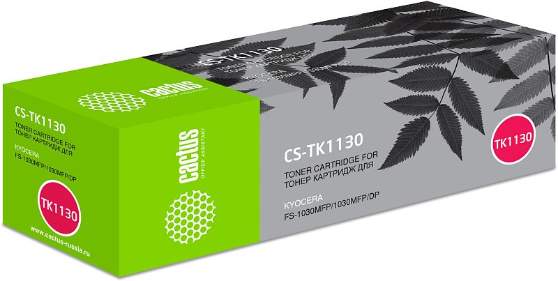 Фото-1 Тонер-картридж Cactus CS-TK1130, упаковка спереди и слева под углом; коробка серо-зелёного цвета с рисунком листьев, круглой меткой TK1130 и названием модели на лицевой панели; на странице товара показывает внешний вид упаковки и обозначение картриджа.