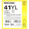Фото-3 Гелевый картридж Ricoh GC 41YL 405768, крупный план фронтальной стороны коробки; видны обозначение 41YL, надписи Yellow и GC 41YL, штрихкоды и цветовая полоса, фото важно для страницы товара как читаемая маркировка модели и цвета.