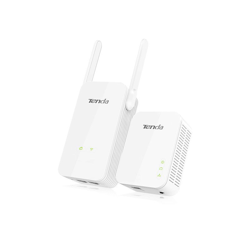 Фото-1 Комплект powerline-адаптеров Tenda PH5, общий вид; два белых устройства, одно с двумя внешними антеннами и индикаторами на лицевой панели, второе с вертикальным рядом зелёных индикаторов и боковыми вентиляционными прорезями; на белом фоне, чтобы сравнить устройства комплекта и их индикацию.