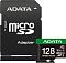 Фото-1 Карта памяти microSDXC ADATA 128GB Speed Plus &mdash; комплект на белом фоне: чёрный SD‑адаптер с надписью ADATA microSD Adapter и microSD с чёрно‑зелёной этикеткой, обозначения A2 и V30; фото показывает комплект поставки для страницы товара