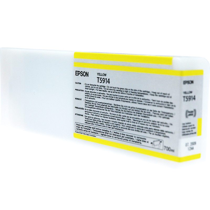 Фото-1 Картридж Epson T5914 Yellow, вид спереди справа под углом; длинный белый корпус с жёлтыми полосами по краям, маркировкой Yellow T5914, текстом инструкции и крупным резервуарным блоком слева. Изображение показывает форм-фактор картриджа и цветовую идентификацию для карточки товара.