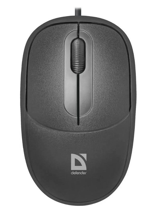Фото-1 Мышь Defender Datum MS-980, вид строго сверху; на фото чёрная проводная мышь с овальным симметричным корпусом, рифлёным колесом прокрутки в серой центральной вставке и логотипом Defender в нижней части; изображение для карточки товара показывает базовую компоновку кнопок и форму корпуса.