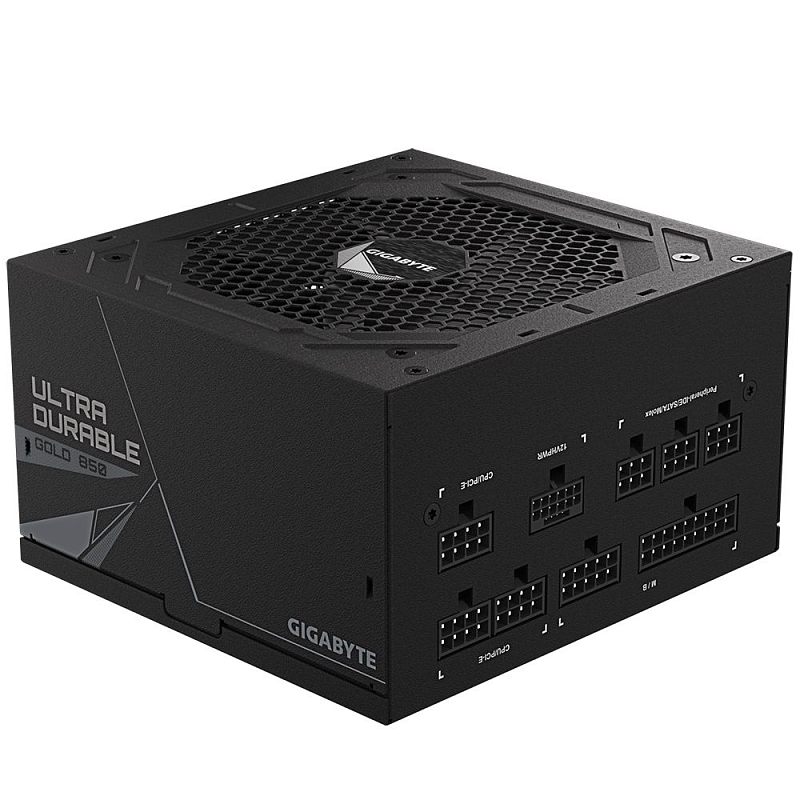 Фото-1 Блок питания для ПК Gigabyte GP-UD850GM PG5, вид спереди и сверху под углом; чёрный корпус с верхней решёткой вентилятора, модульная панель с подписями CPU/PCI-E, M/B и 12VHPWR; фото показывает расположение разъёмов и форму корпуса для карточки товара.
