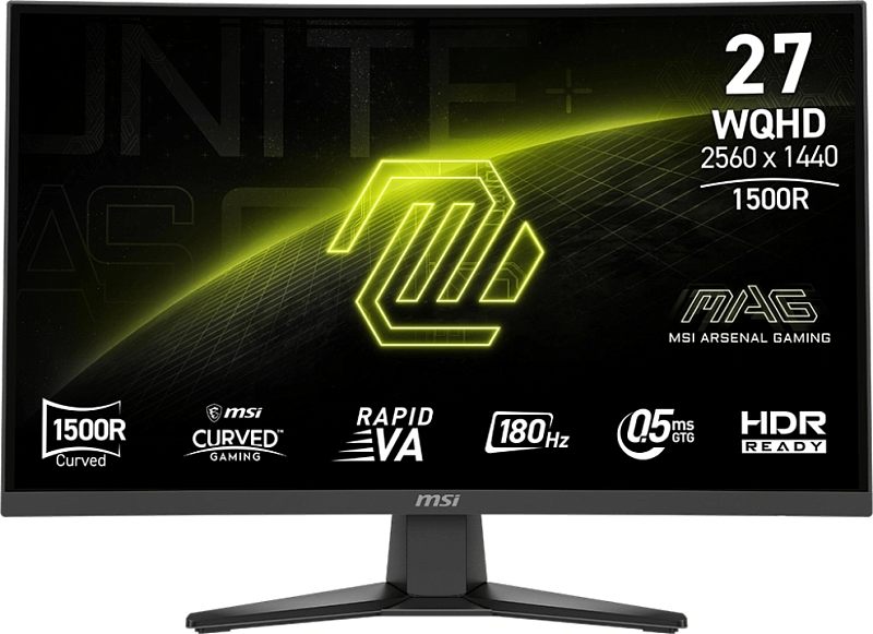 Фото-1 Монитор MSI MAG 275CQF E18, вид спереди; изогнутый экран на подставке, на экране надписи «27 WQHD 2560×1440» и «1500R»; чёрный корпус, V-образные ножки подставки, студийный белый фон; важно для страницы, чтобы показать фронтальный дизайн и изгиб панели.