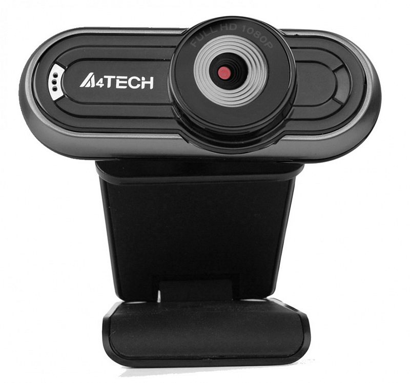 Фото-1 Веб-камера A4Tech PK-920H, вид спереди: чёрный прямоугольный корпус со скруглёнными углами, объектив справа с маркировкой FULL HD 1080P и концентрическими кольцами, слева логотип и ряд отверстий микрофона; важно для понимания фронтальной панели веб-камеры.