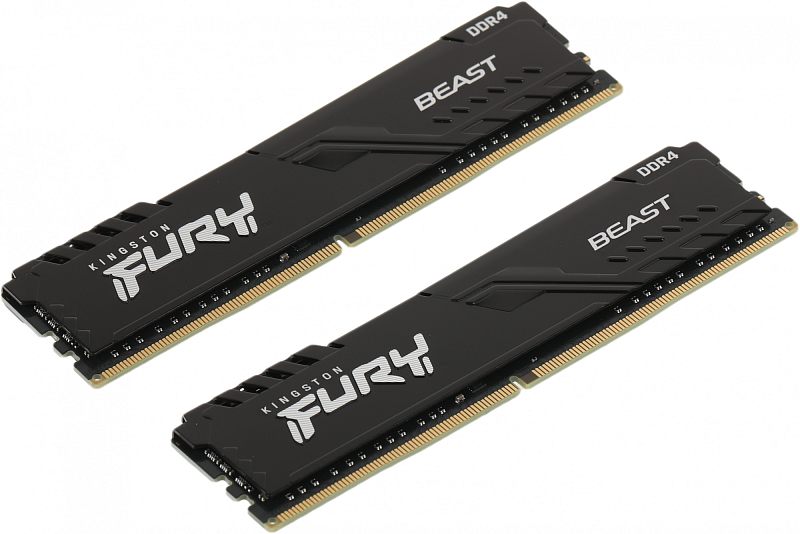 Фото-1 Комплект памяти Kingston FURY Beast Black 32GB KF432C16BBK2/32, вид под углом спереди: два модуля DIMM DDR4 на белом фоне. Видны чёрные радиаторы, логотип FURY, надпись BEAST и золотистые контакты. Фото показывает внешний вид комплекта из 2 модулей для страницы товара.