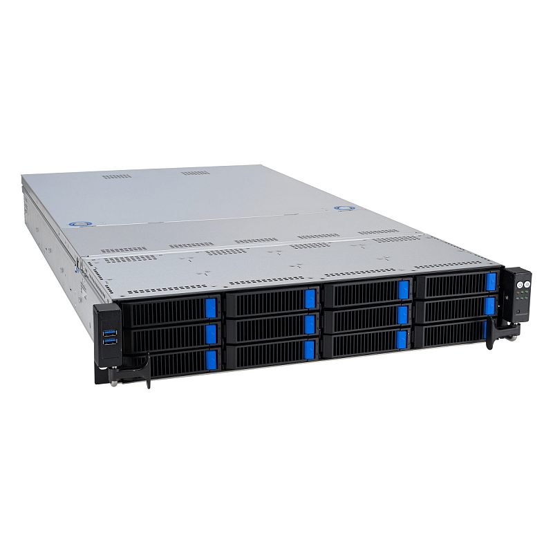 Фото-1 Серверная платформа ASUS RS521A-E12 RS12U (90SF03X1-M000C0), вид спереди под углом: 2U корпус, ряд фронтальных корзин с синими защёлками, сбоку видны два порта USB; помогает оценить количество и компоновку отсеков на лицевой панели.